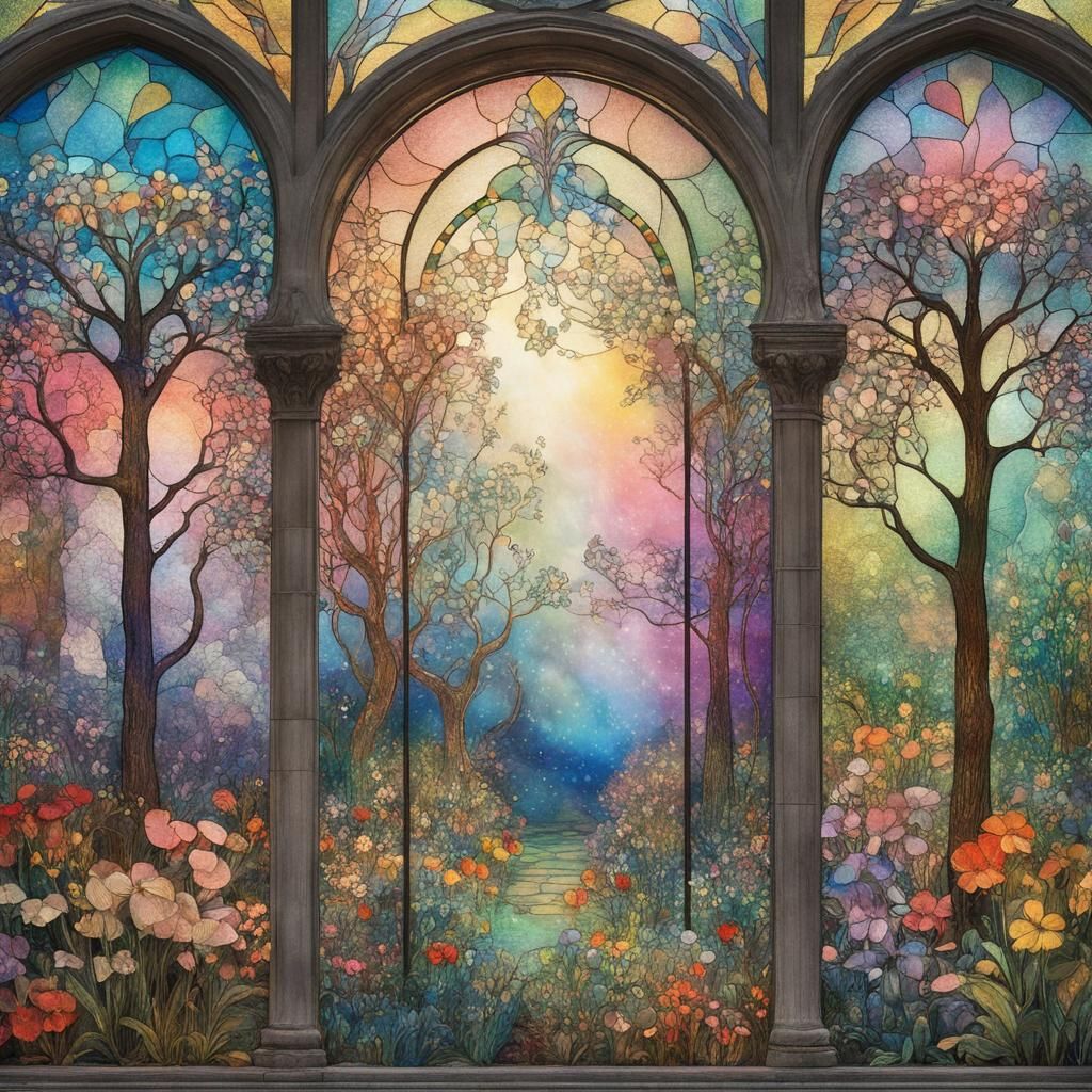 Stained Glass Window (The Mysterious Garden) , en 1905, lithographie pastel, à la façon d'Odilon Redon  (French, 1840-1916)_