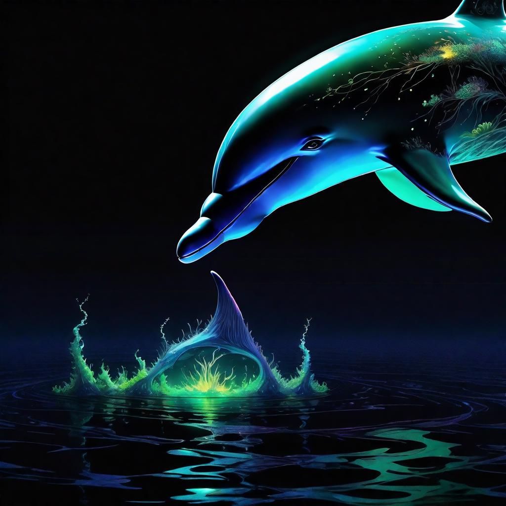 interconnected digital sea, silhouette of a solitary dolphin...