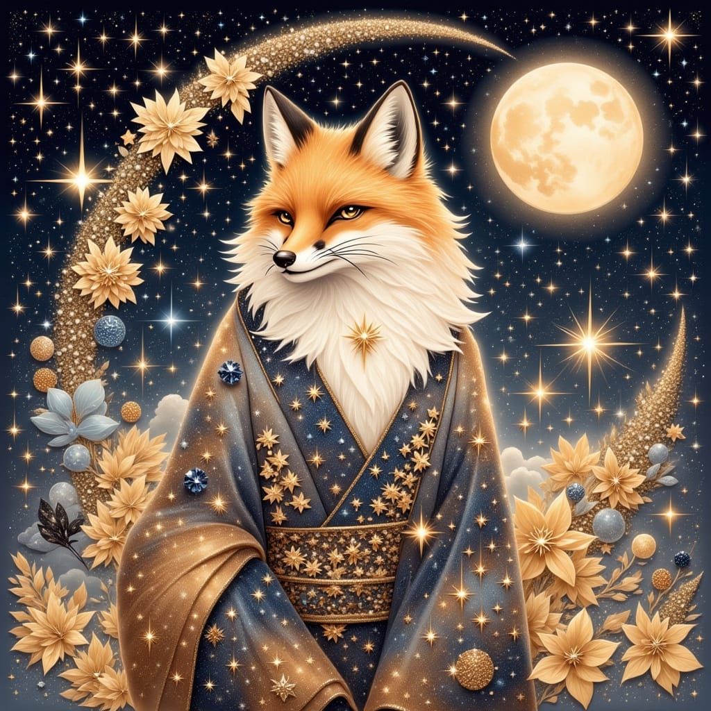 Fox in elegant kimono with gold embroidery, posing under a luminous crescent moon, inspired by the intricate designs of Japanese art