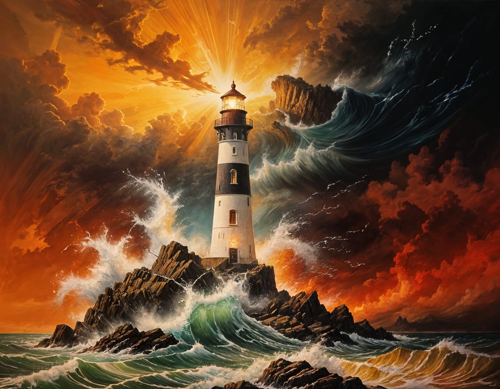 "Beautiful detailed painting of a lighthouse on rocks with waves swirling around and crashing against ...  by @FluffWuff