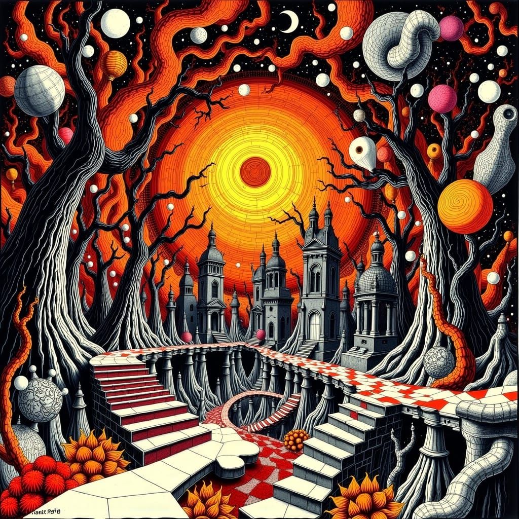 Bright and huge text "Poe Escher" appearing in the background of a <lora:Poe Escher:1.0> Vibrant colors and Ink, Botanical Gardens Artscape...