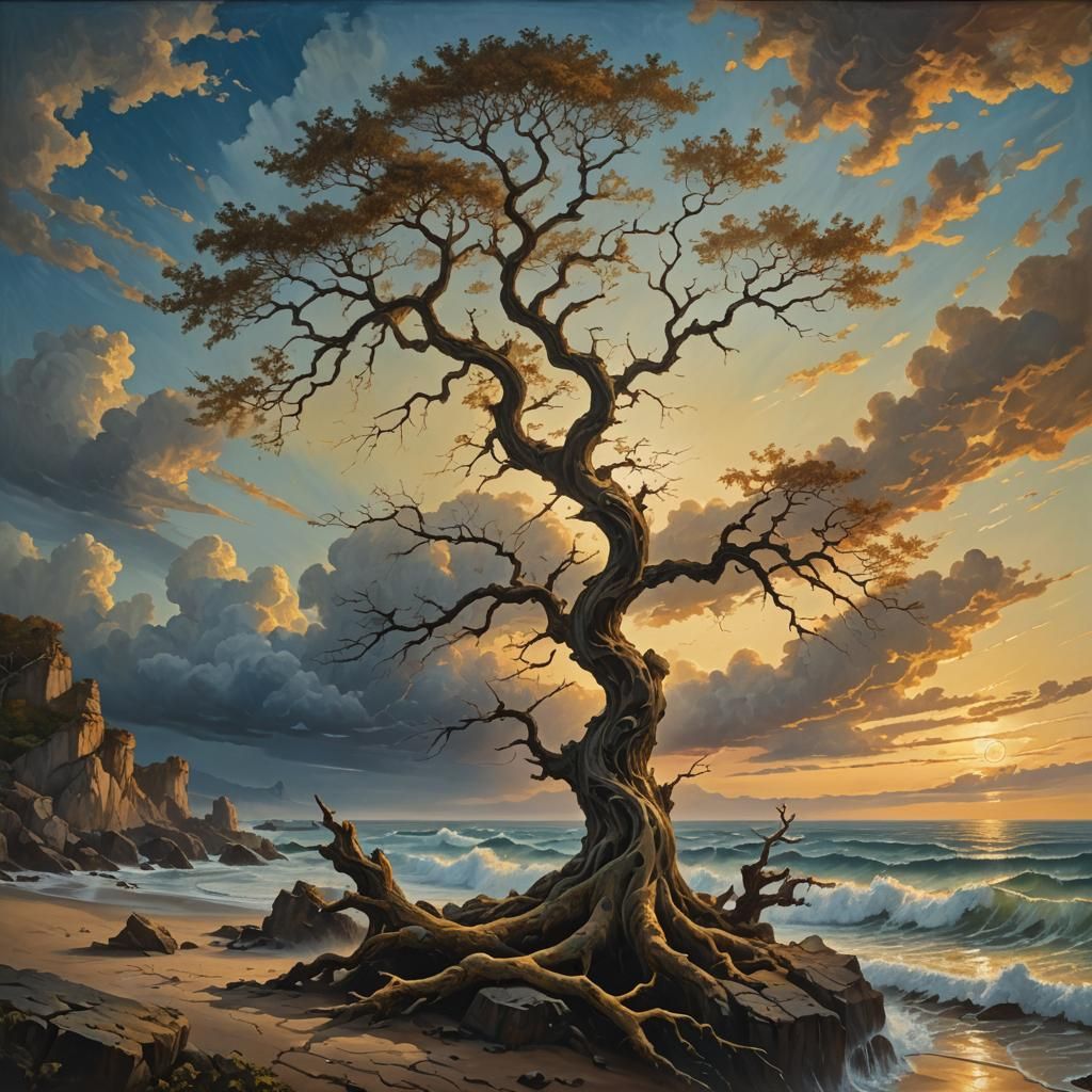 Majestic Tree on Rocky Shore in Baroque Style