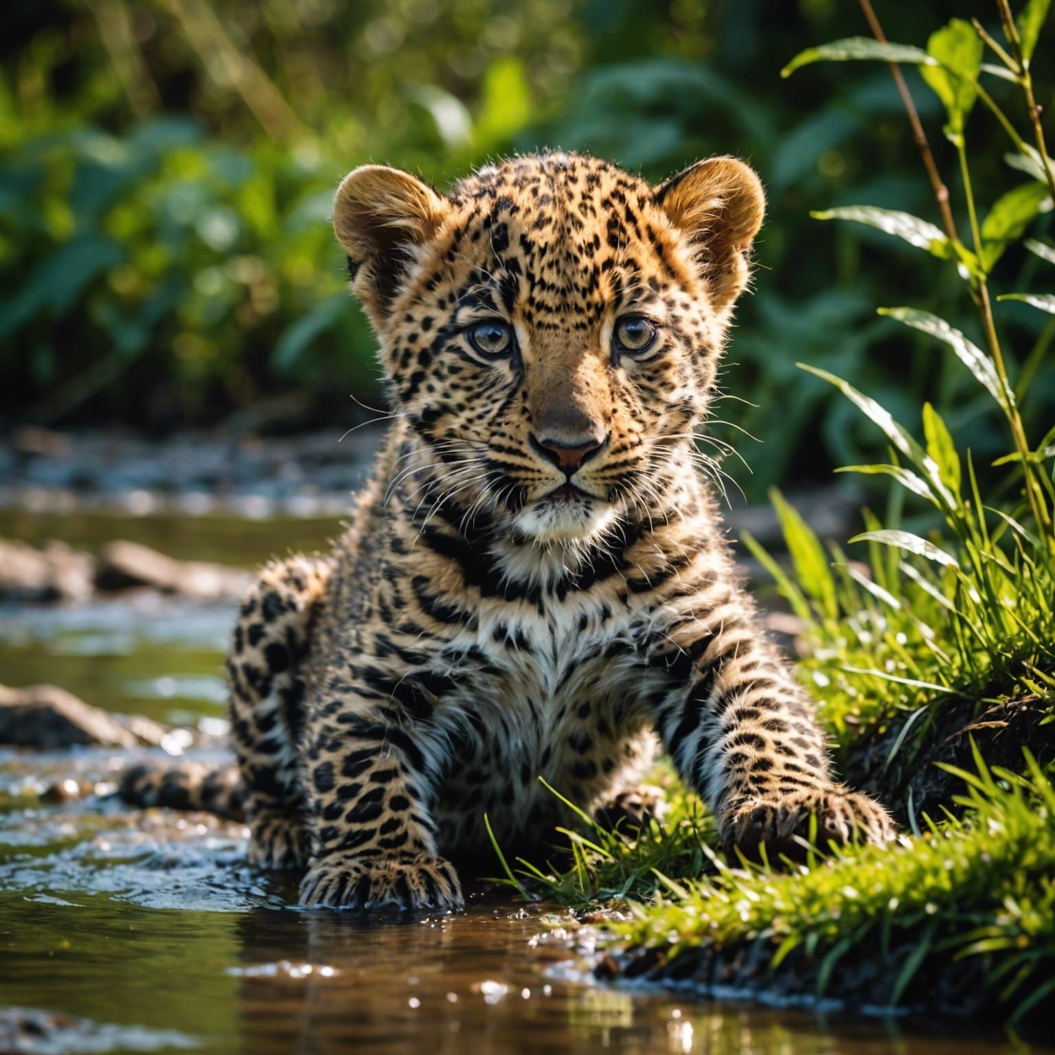 colorful photo of a leopard cub playing around a river in a meadow, indian jungle, low-angle view, nikon d850, stock photography film, inten...