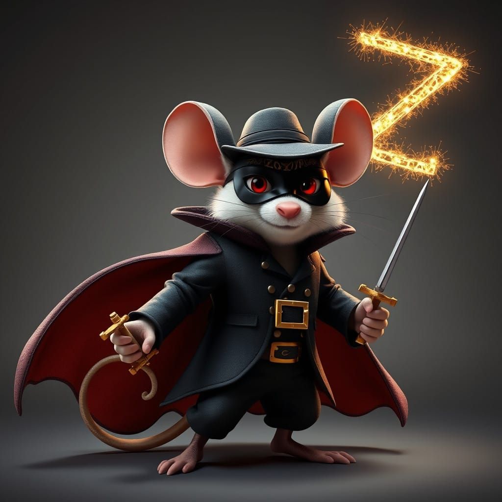 a sparkling Zeta "Z" drawn in the air, Anthropomorphic mouse dressed as Zorro, wearing a black suit with ...  by @undefined