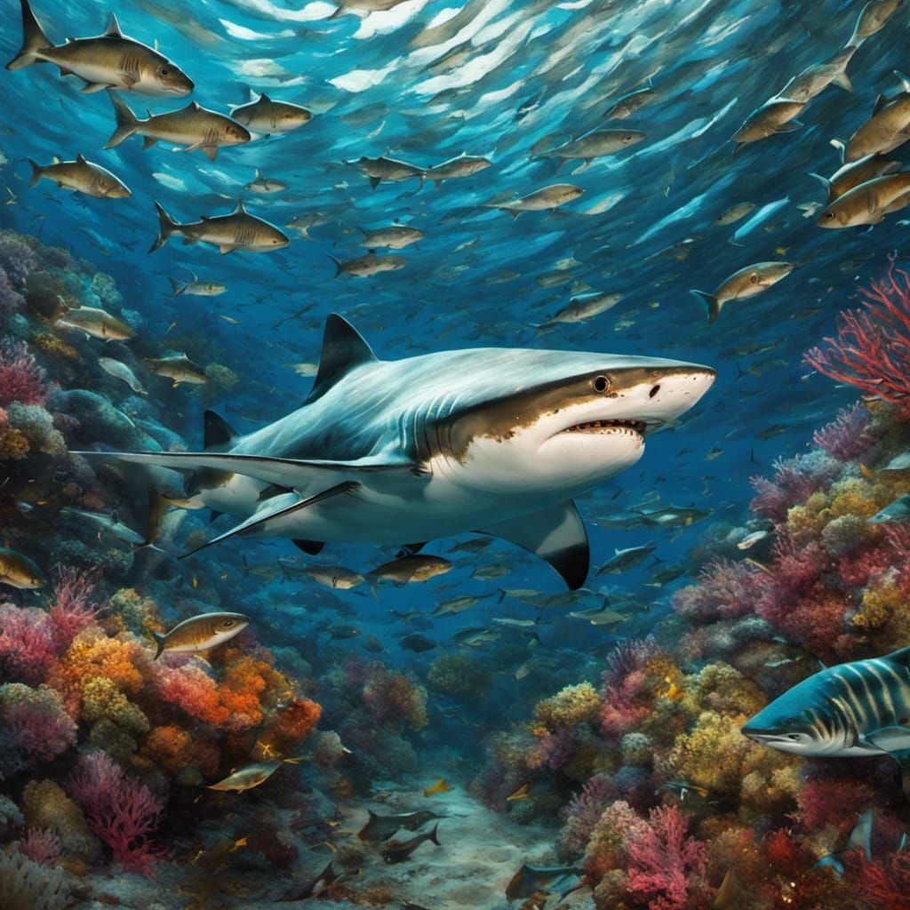 :: close-up Intimidating_Tiger_Shark_hunting_a_school_of_fish ...