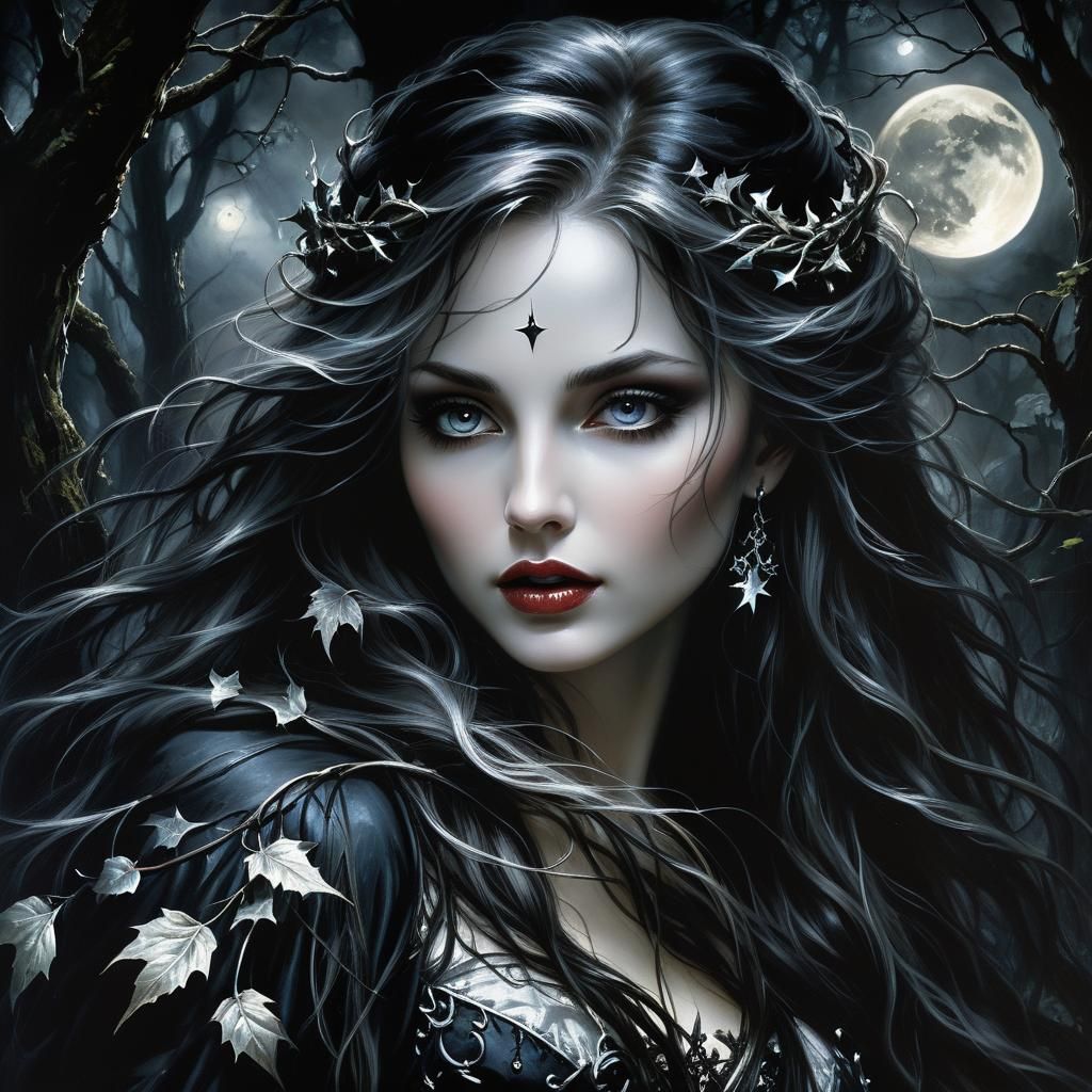 Gothic Oil Painting of Woman in Dark Forest