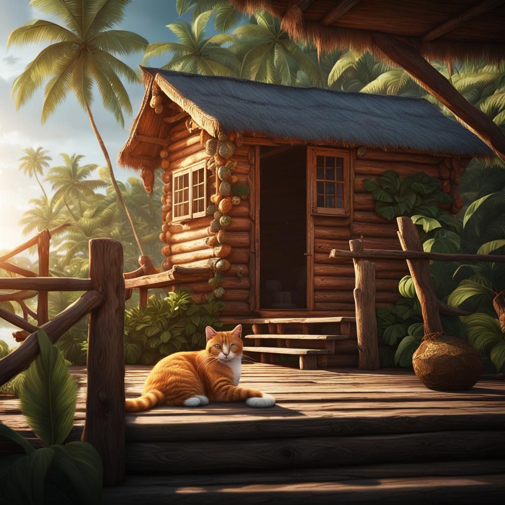 ginger cat on the porch of a small wooden cabin on a tropica...