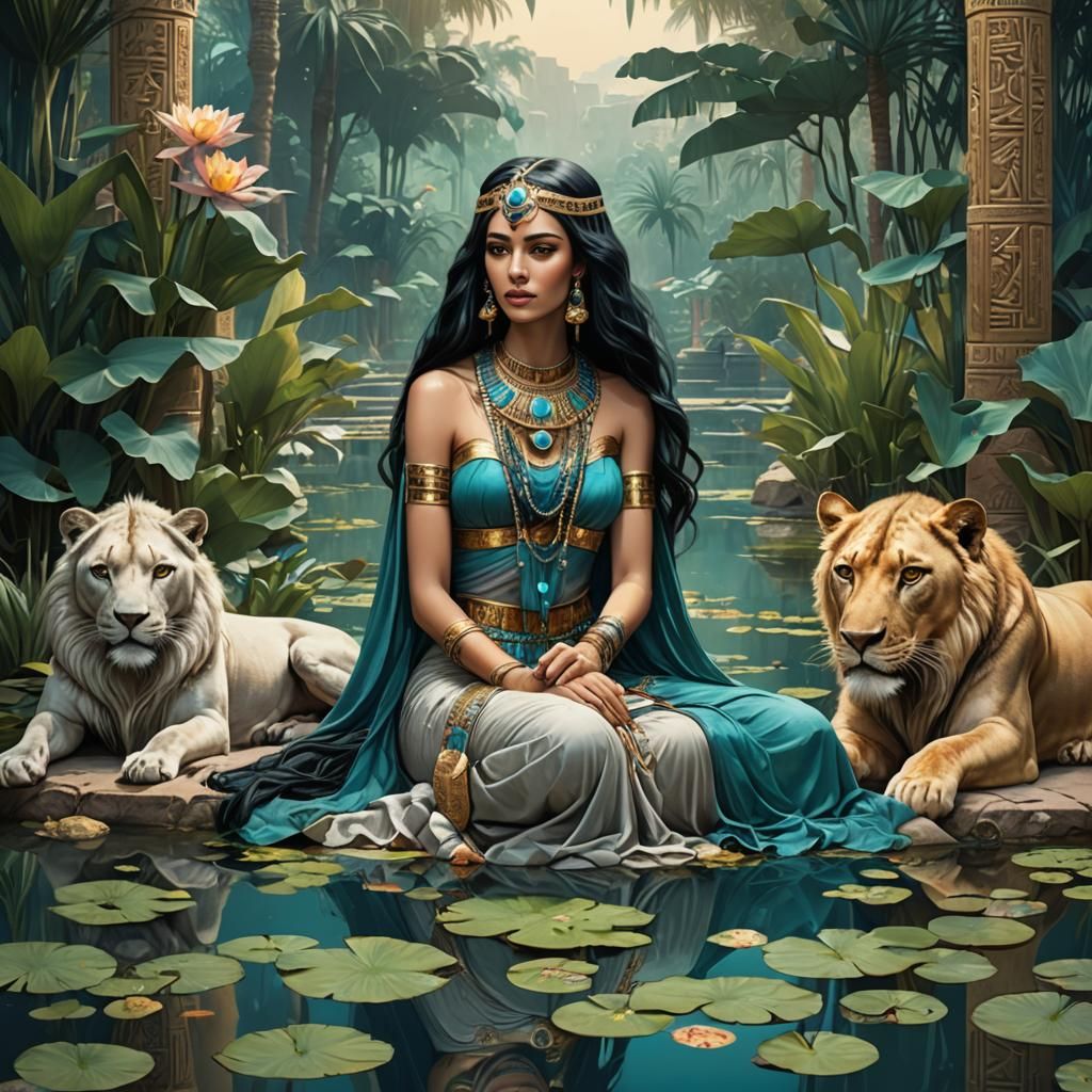 Drawing egyptian women with black long hair, beautiful grey ...