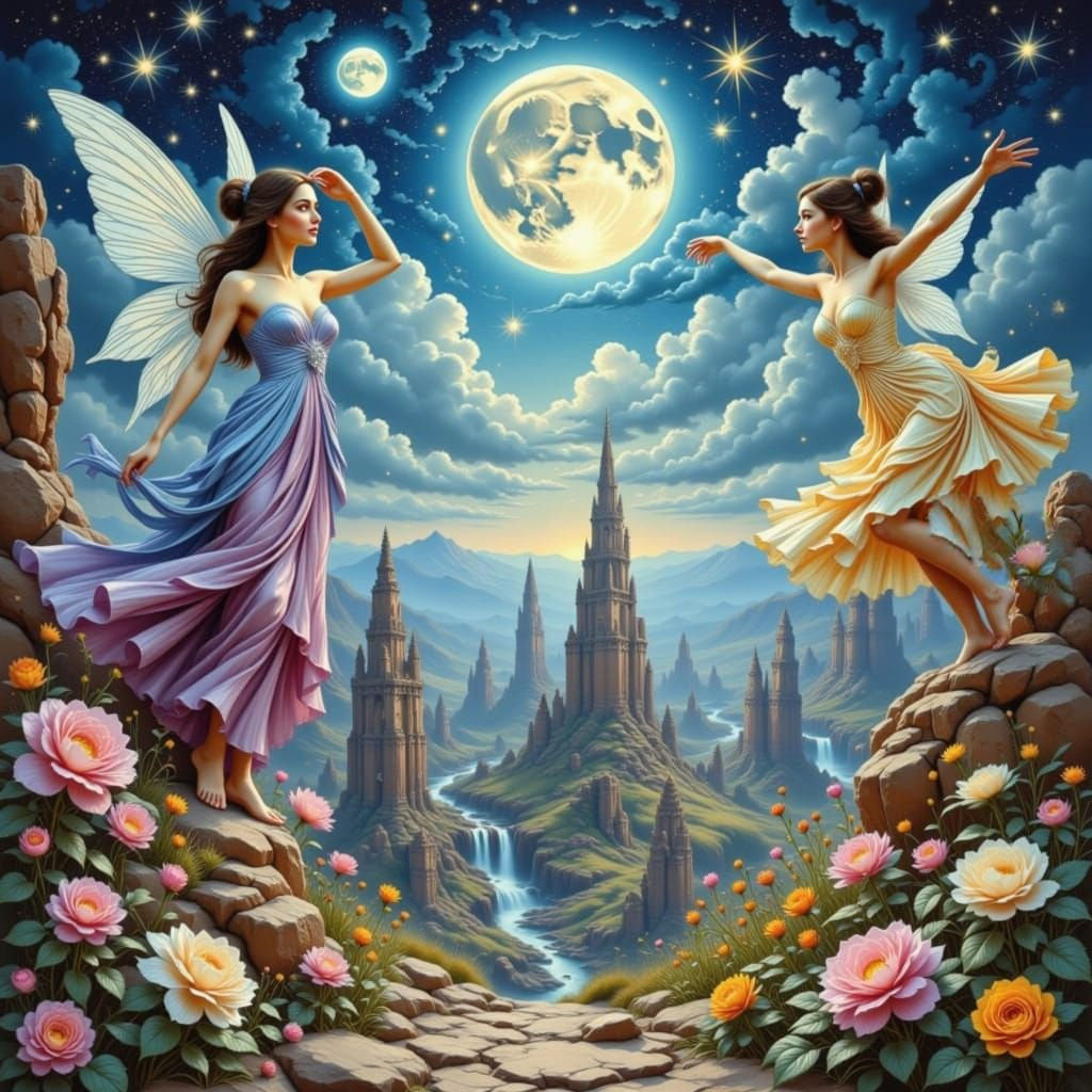 Fantasy Valley with Dancing Fairies and Giant Statues