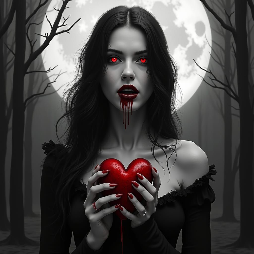 Close-up portrait of a beautiful female vampire from face to shoulders, front view, monochrome black-and-white except for selective dark red...