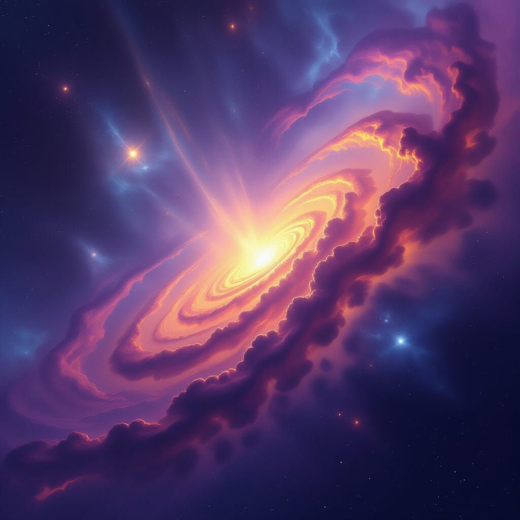 Ethereal Cosmic Nebula in Purple, Yellow, and Silver