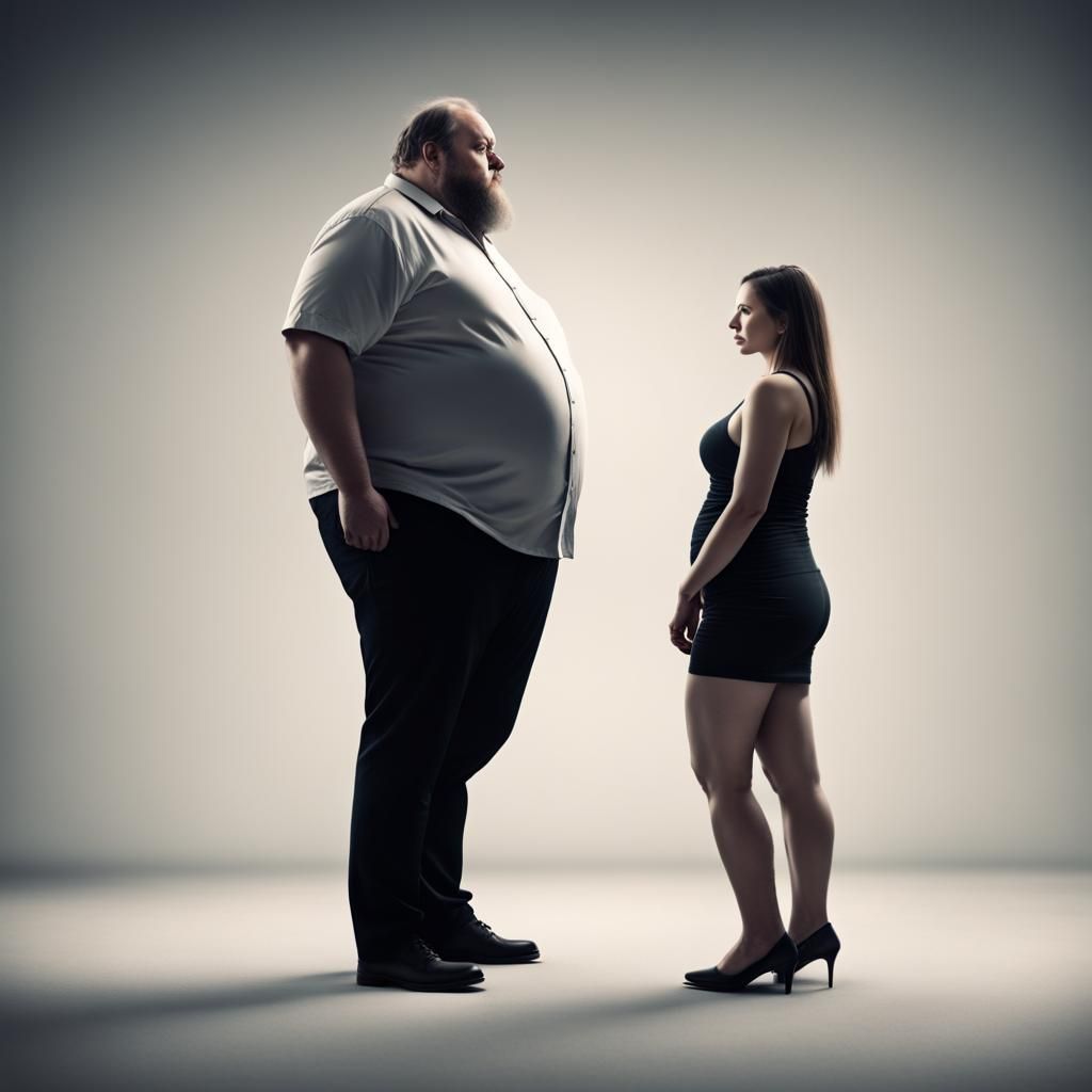 A very fat man stands "behind" a small thin woman, 4k resolu...