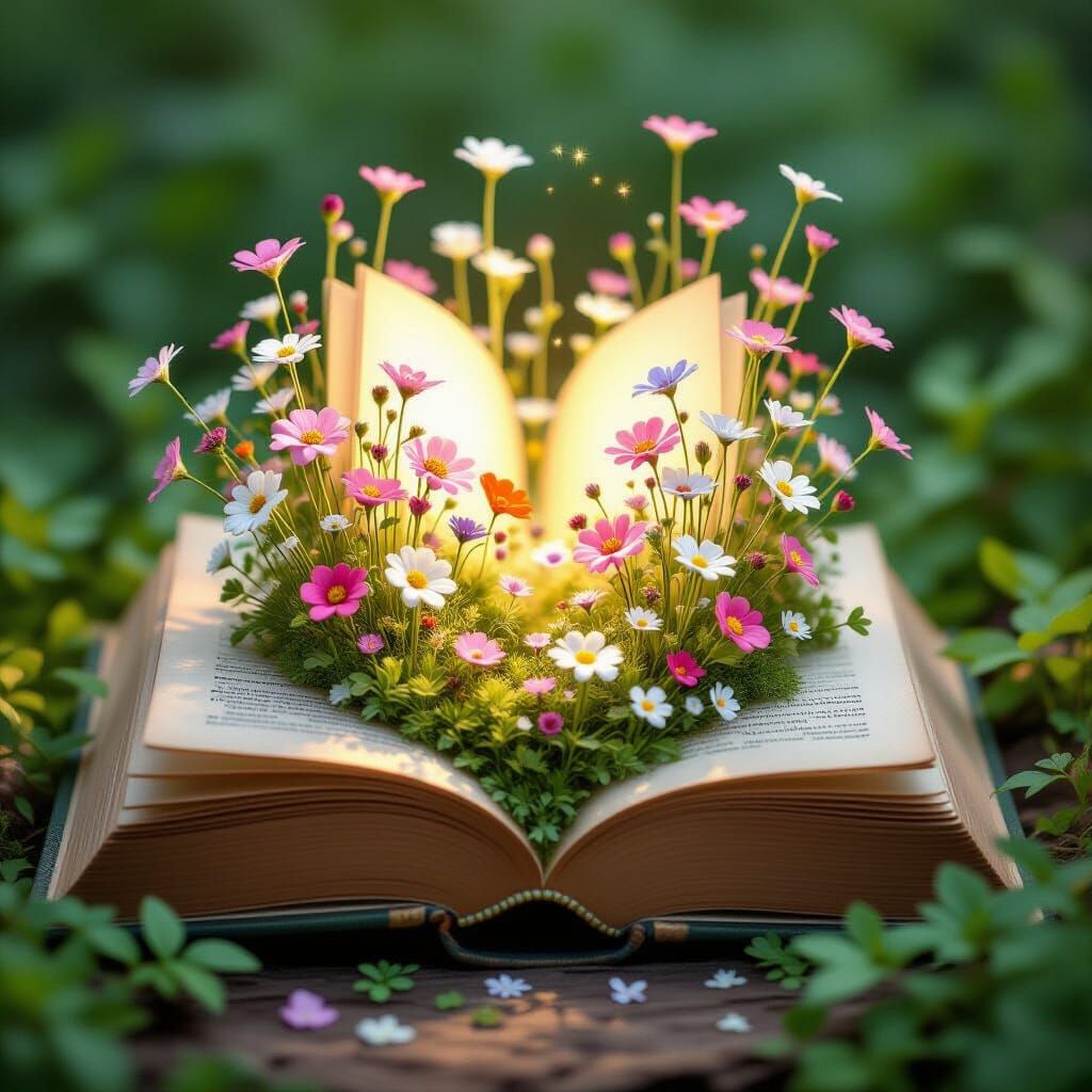 A soft glowing vintage book with a lush garden growing from inside of the book, it has pastel flowers ...  by @Chrissy