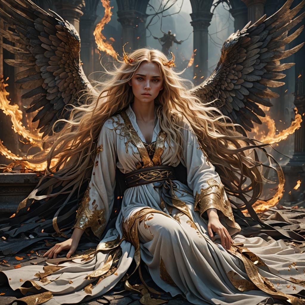 Beautiful fallen angel with long tangled blonde hair wearing...