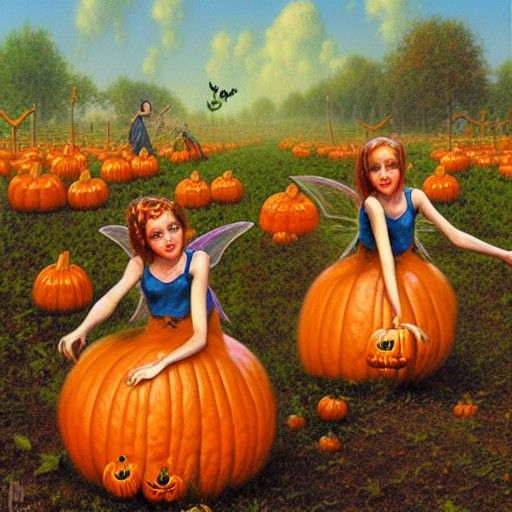 Evil fairies dancing in a pumpkin patch oil painting by James Gurney ...