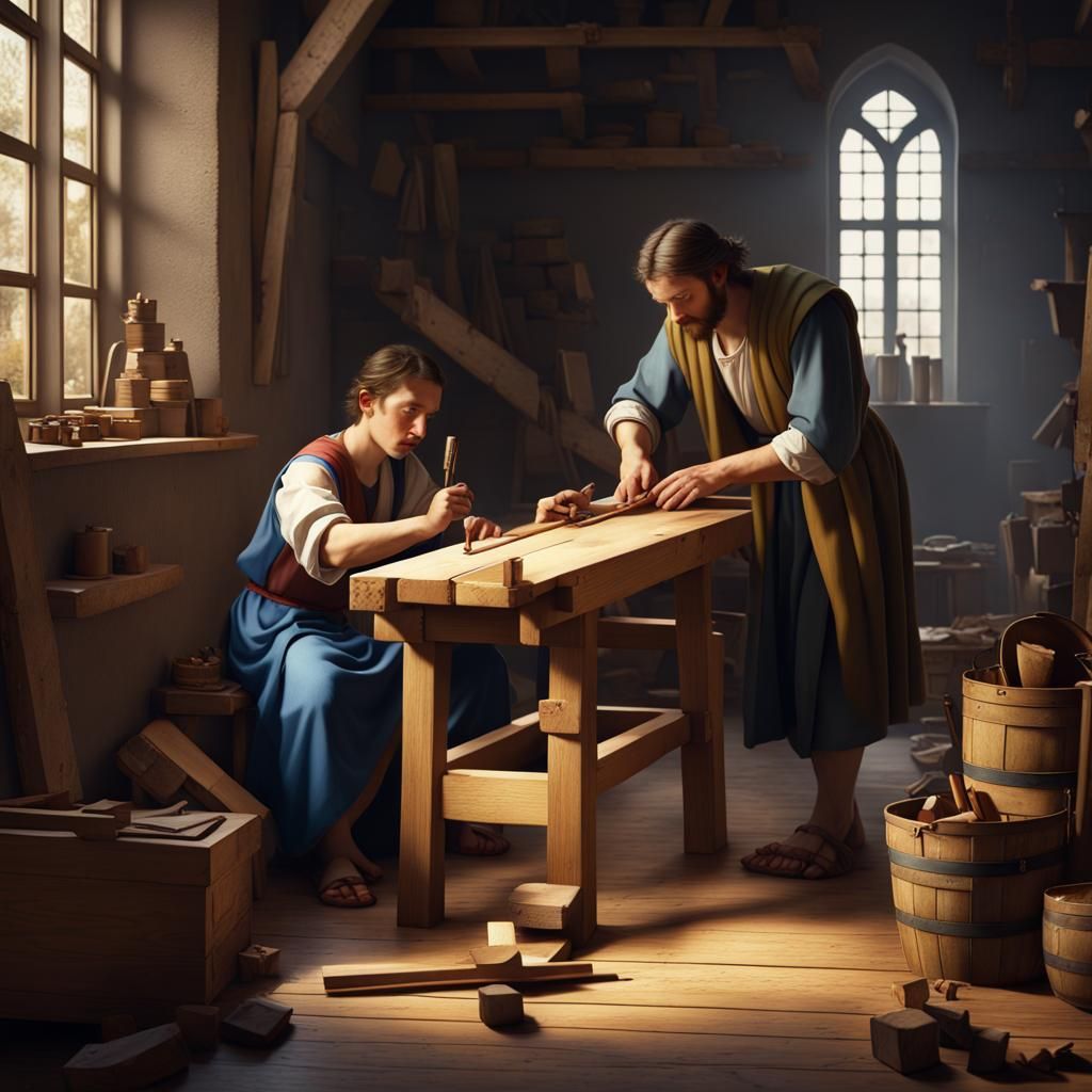 Joseph teaching young Jesus carpentry, in the style of Vermeer - AI ...