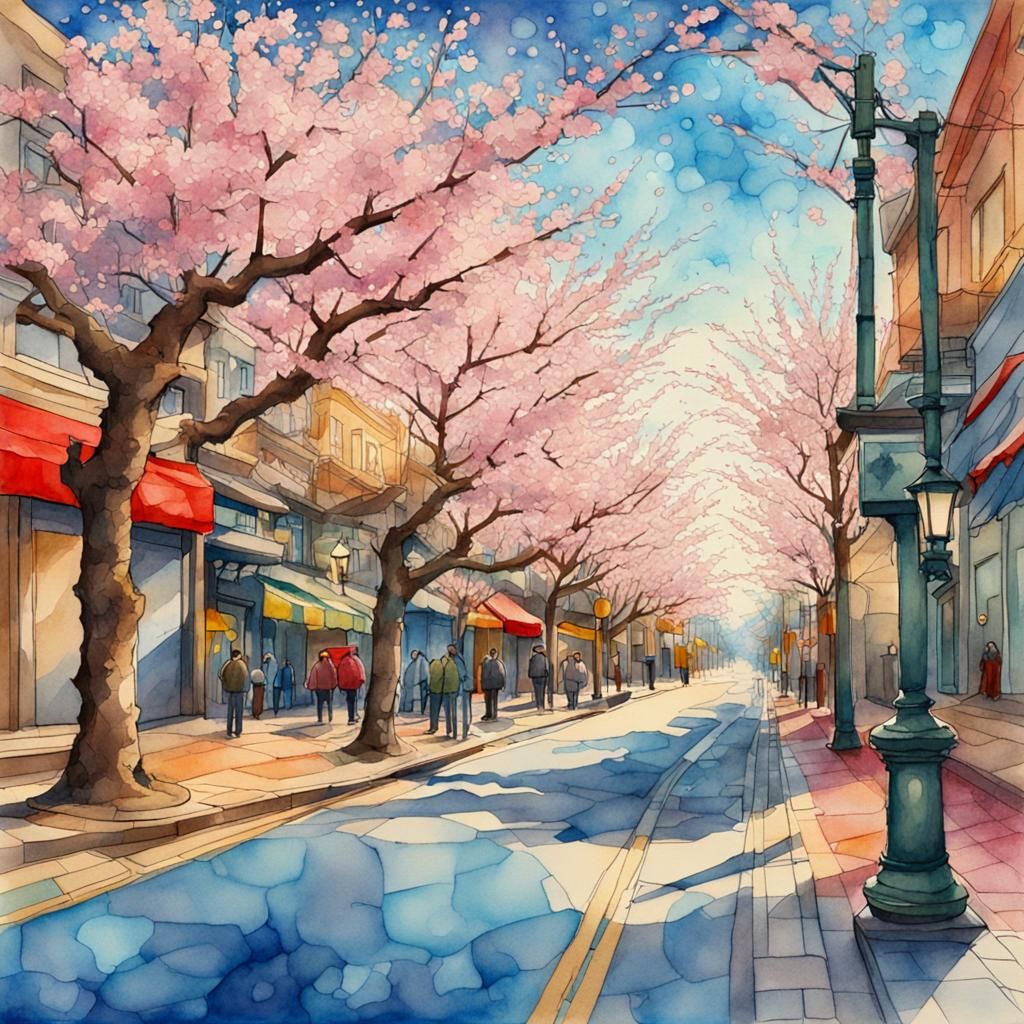 Watercolor, illuminated, a street decorated with davidban bl...