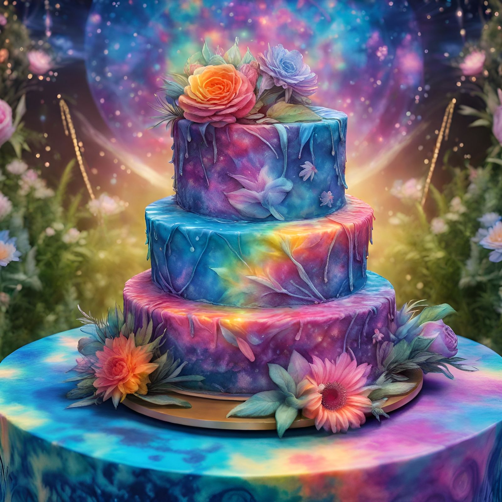 tie-dye-3-tier-wedding-cake-on-a-card-table-in-garden-ai-generated