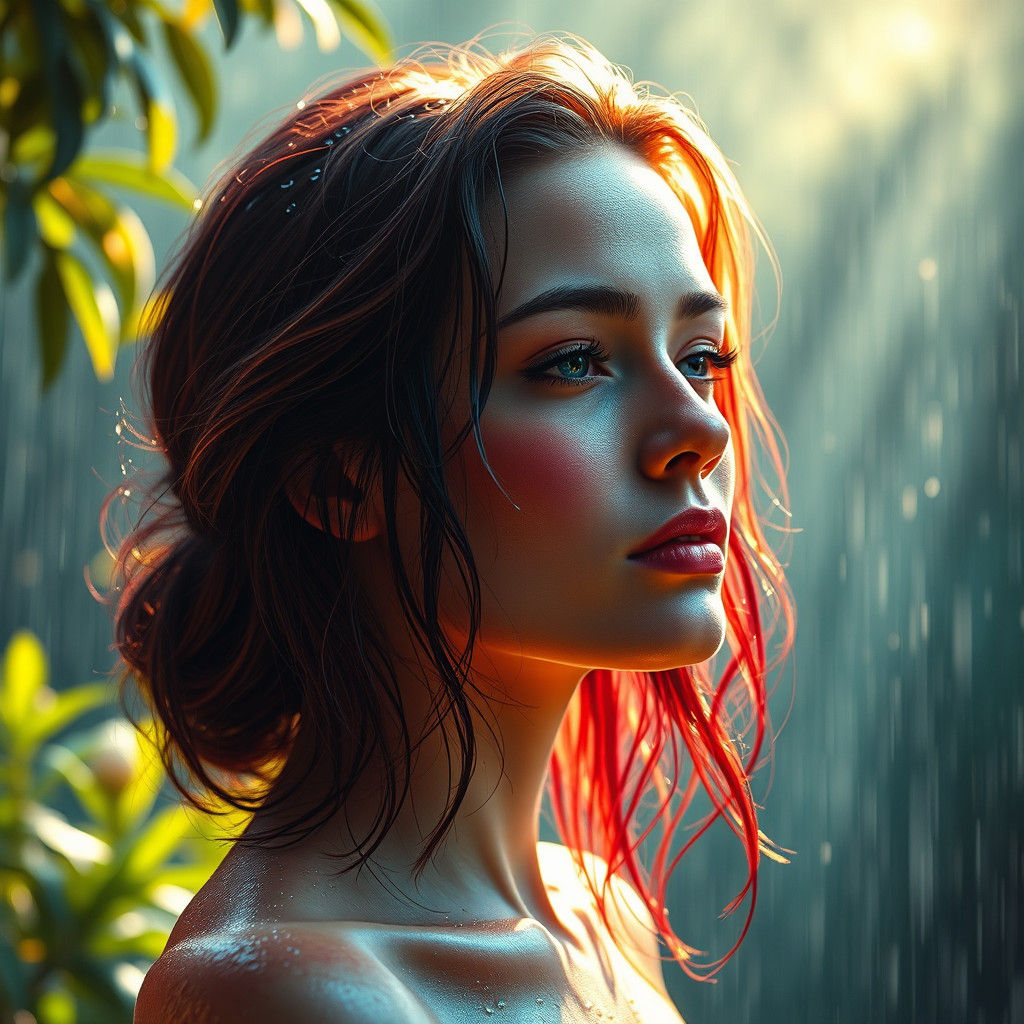 Luminous Portrait of Woman in Rainbow Rain