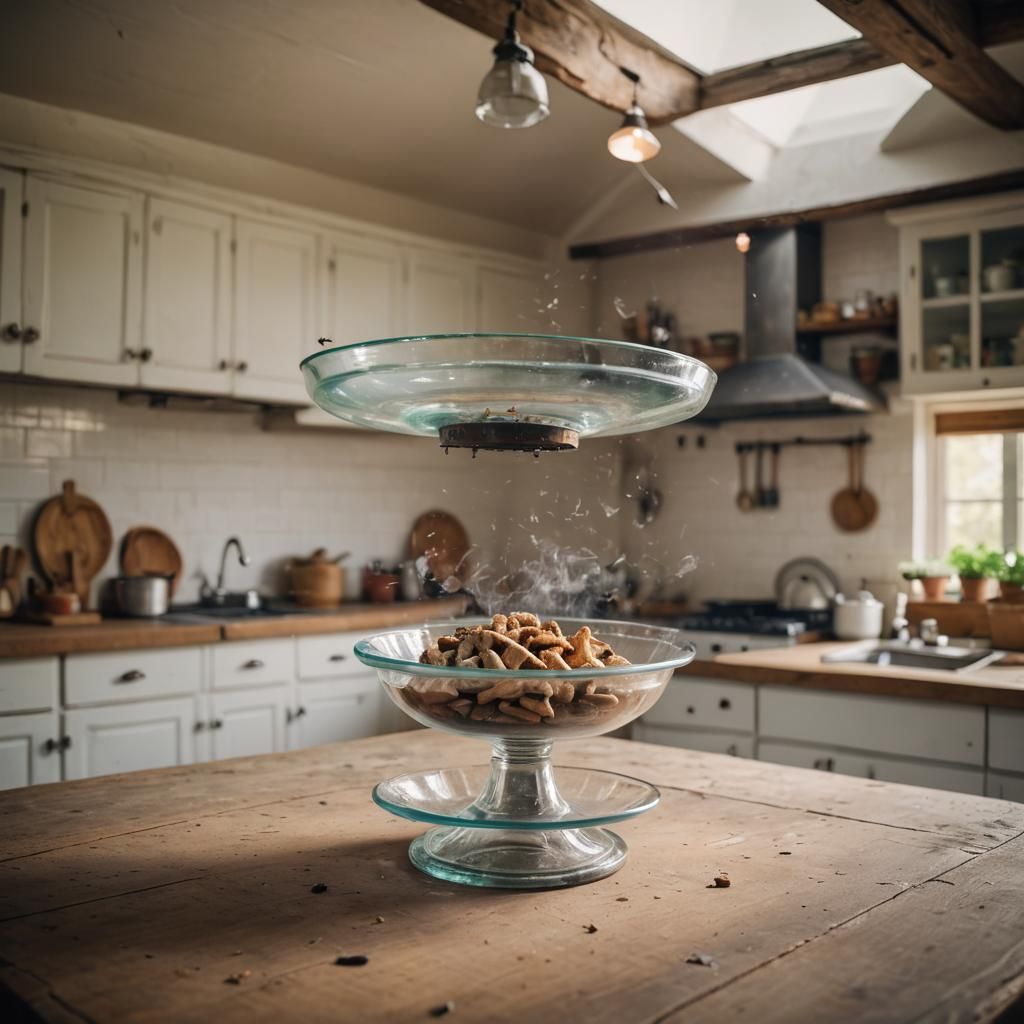 In an old kitchen Farm house, a huge glass ashtray rises in ...