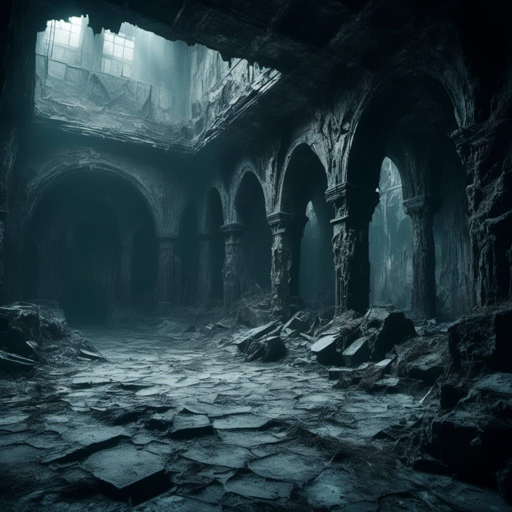 <lora:Macabre:1.0> An icy corridor with multiple broken archways along the walls lit by holes in the ceiling. There appe...