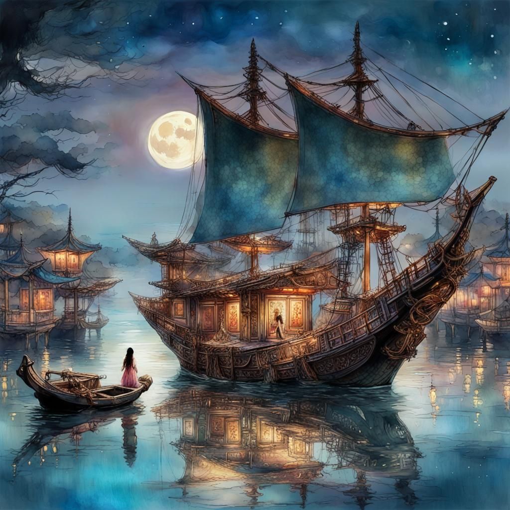 Chinese Junk Under Moonlight  by @Budgie