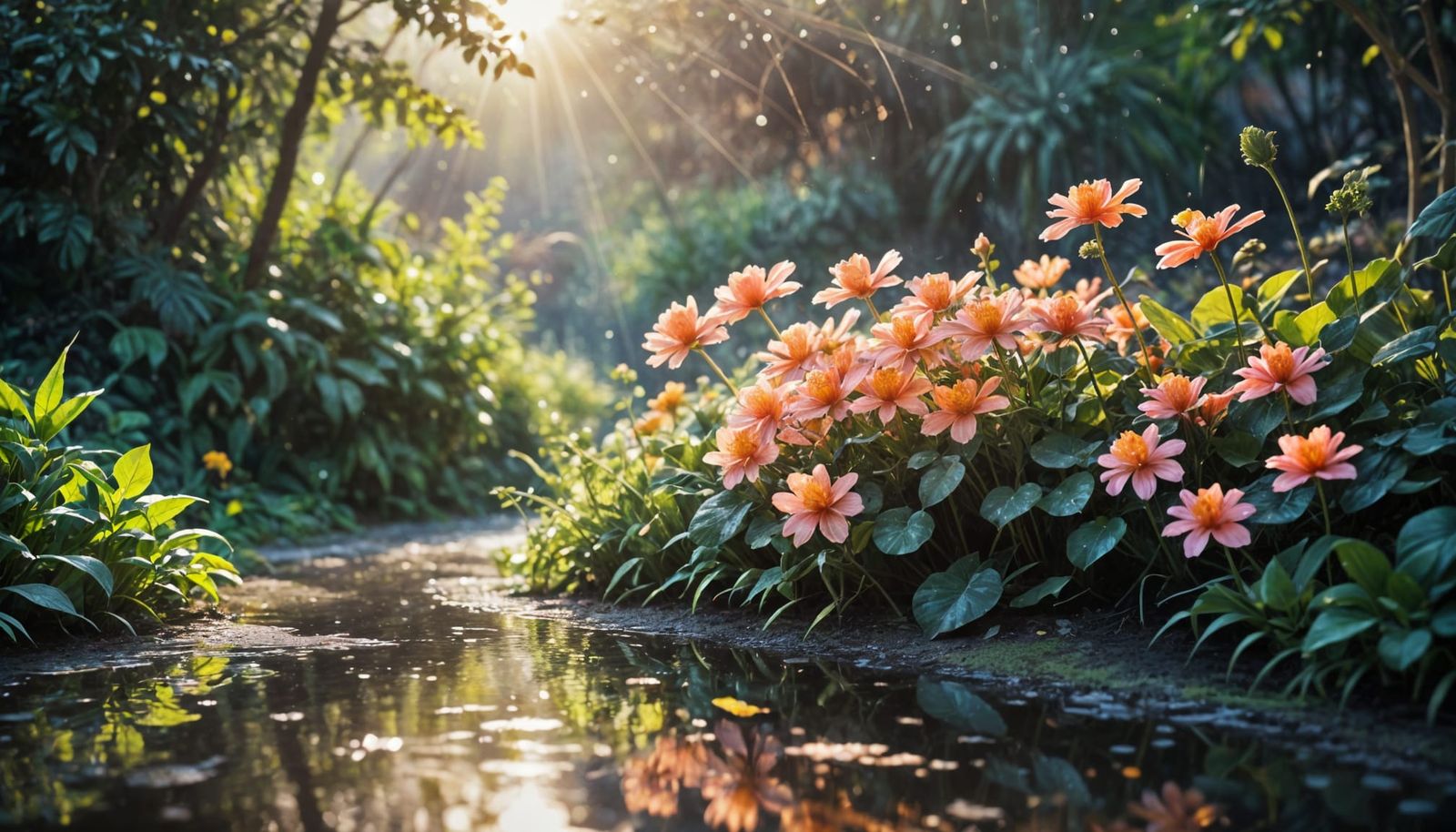 Morning Dew on Tropical Blooms in Soft Light