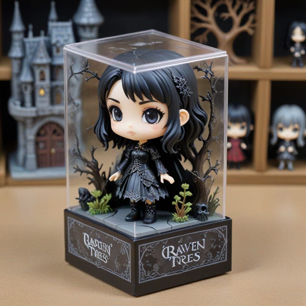 2/3 angle view, A cute gothic chibi girl figurine in a plastic blister box. On the box are painted motifs ...  by @Tatti