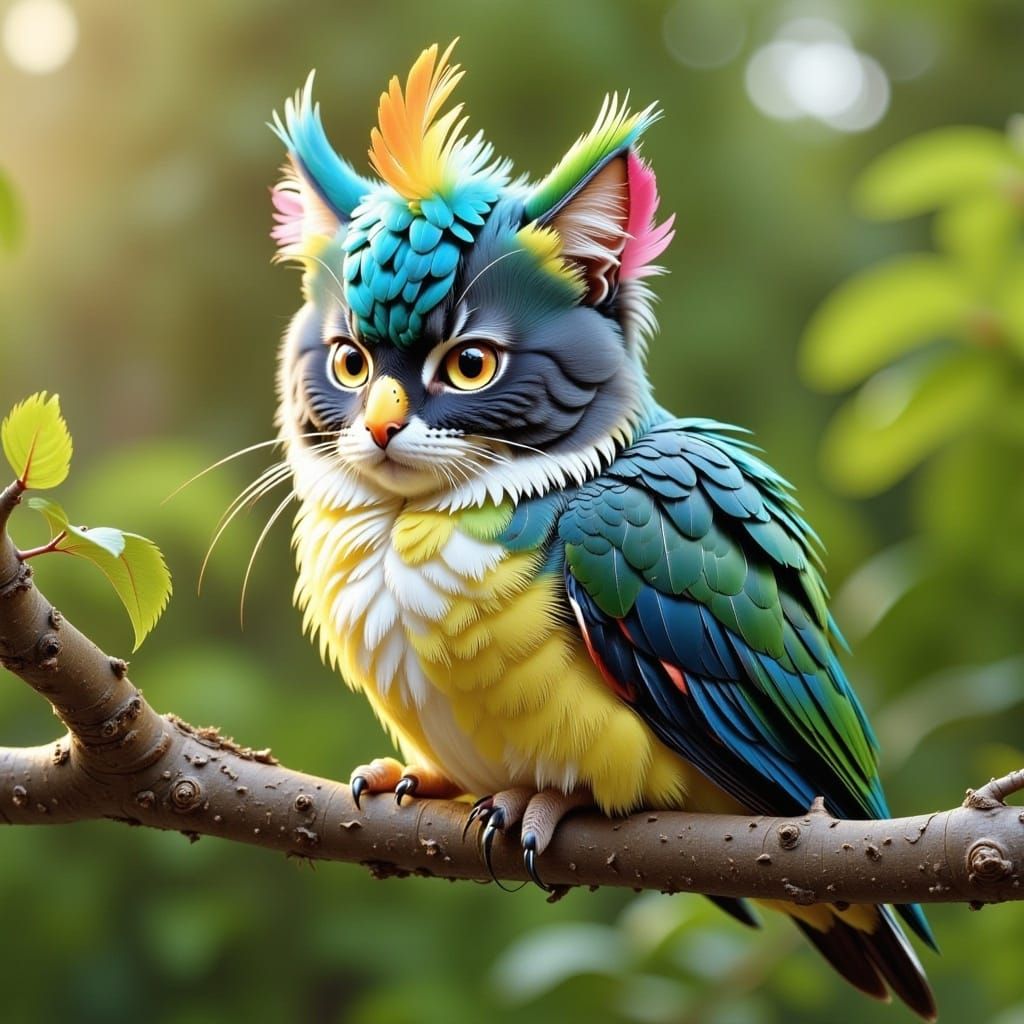 <lora:Flux Cat Parrot:1.0> Cat canary hybrid, sitting on a branch