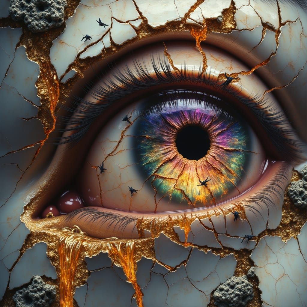 <lora:Fractured Gaze:1.0> A close-up portrait of an sunken eyeball, the cracked marble is made out of splintered glass with elements of res...