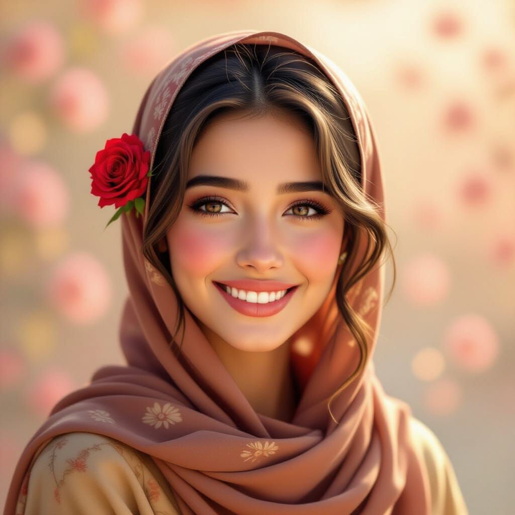 Joyful Woman in Rose-Adorned Headscarf, Realistic Digital Pa...