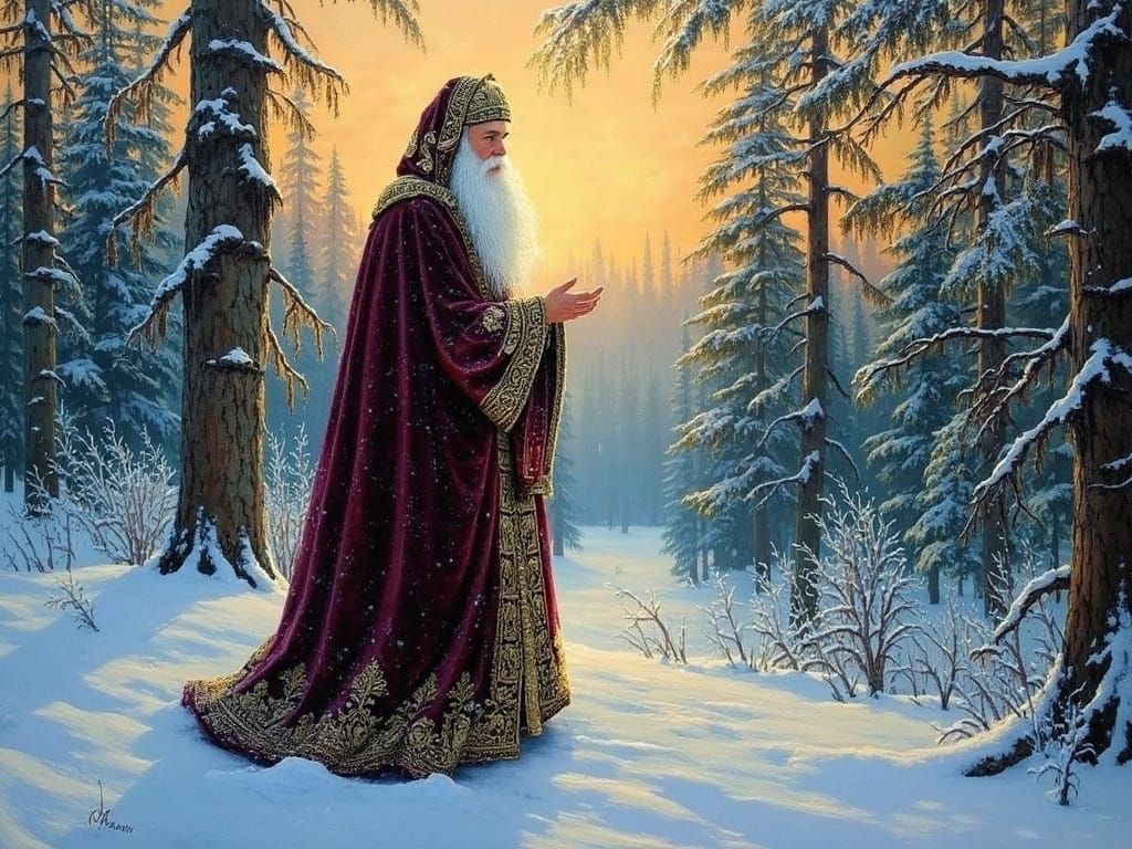 <lora:classical painting:1.0> Father Frost dresses up the forest in a snow fairy tale,high details, masterpiece, oil impasto