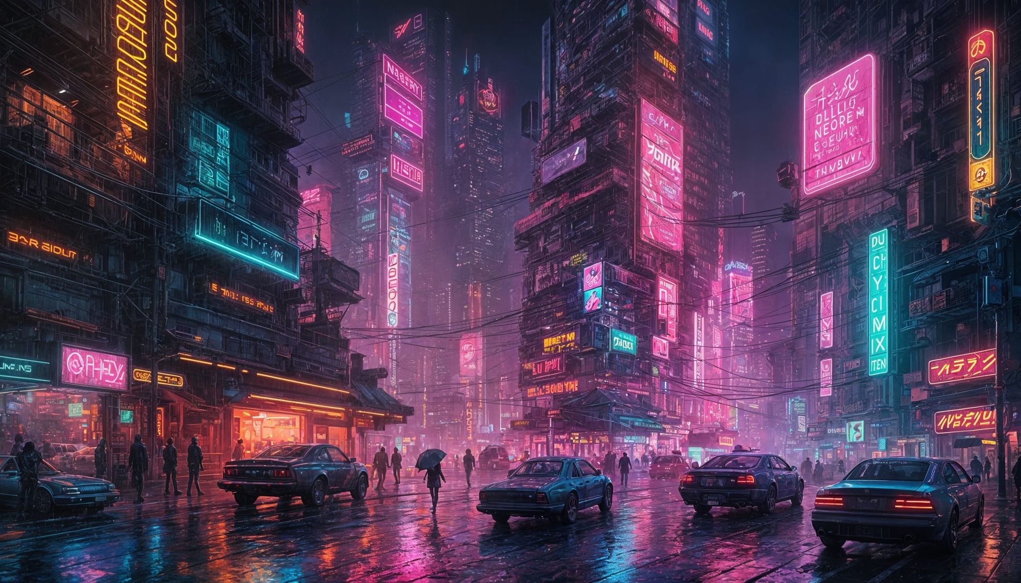 <lora:Murraypunk v2:1.0> A neon-lit futuristic cyberpunk cityscape with rain-soaked streets futuristic cars and holographic billboards