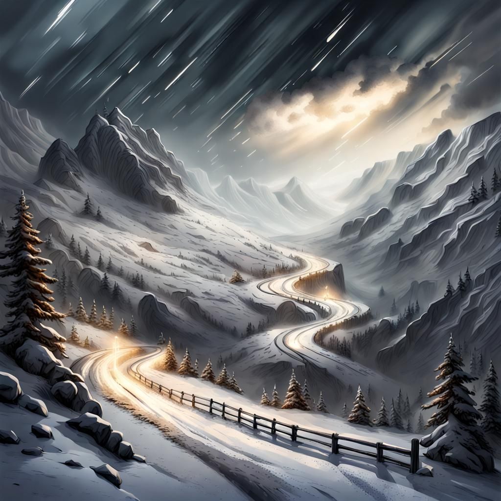 Blizzard Over the Mountain Pass - Subject: A snowstorm raging over a ...