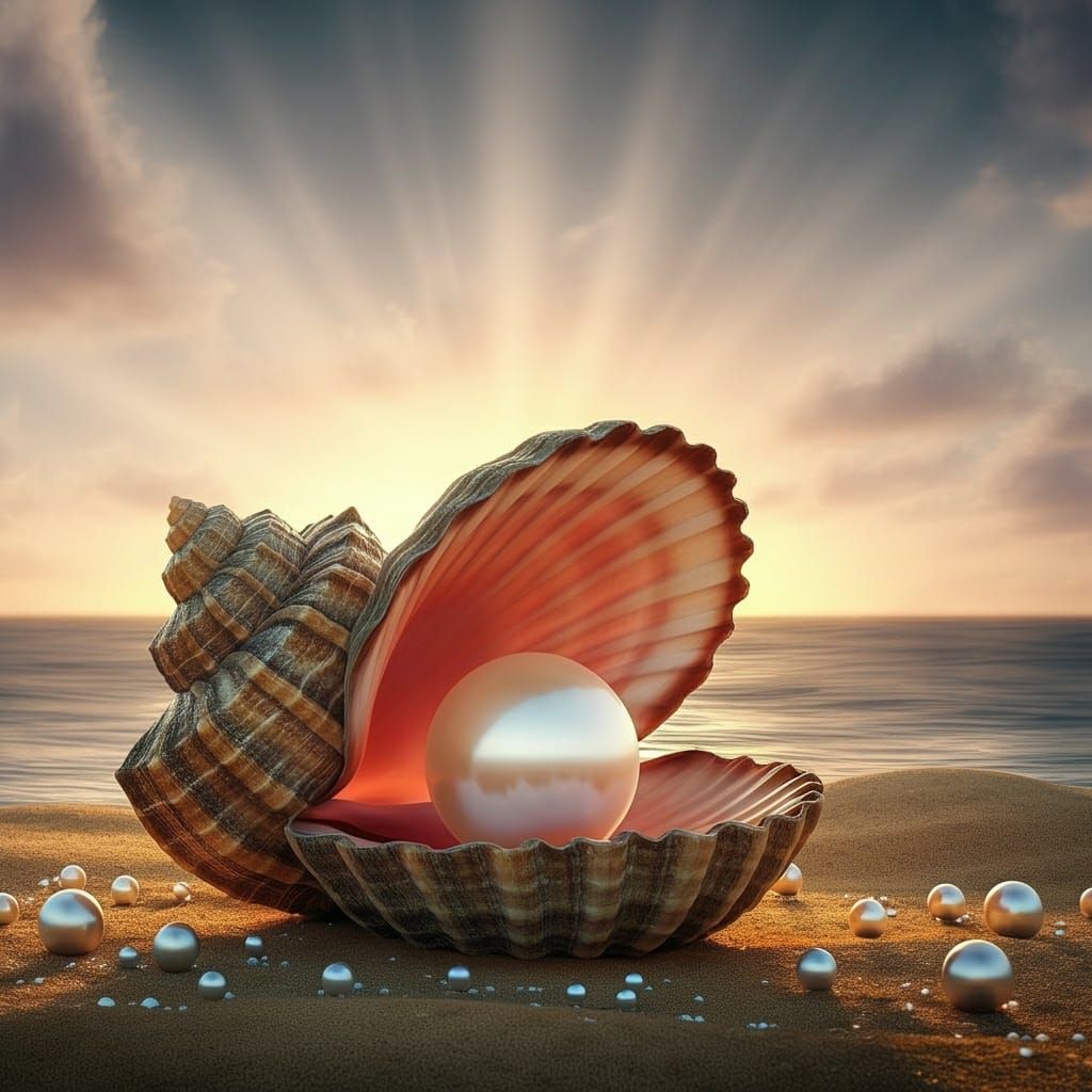 Берег моря, большая раскрытая на 90 градусов раковина с большой сияющей жемчужиной, на песке разбросаны мелкие жемчужины, солнце на закате,...