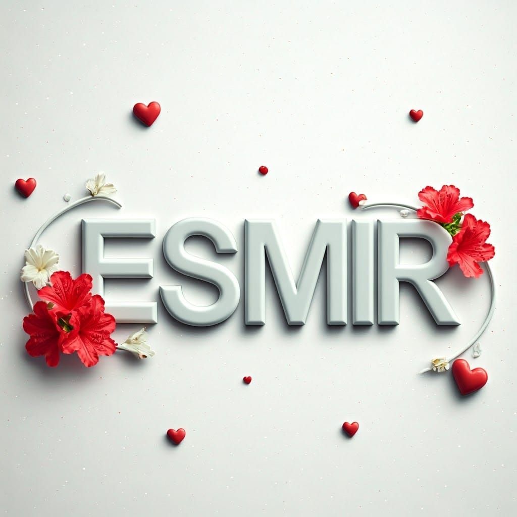 A stunning 3D cinematic rendering of the name "esmir" in exq...
