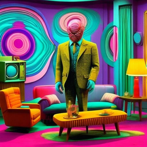 <lora:Pink Room SD15:1.0>
Candid Technicolor, 70's style surreal sitcom with an anthropomoprhic biopunk fruit in vintage clothes.