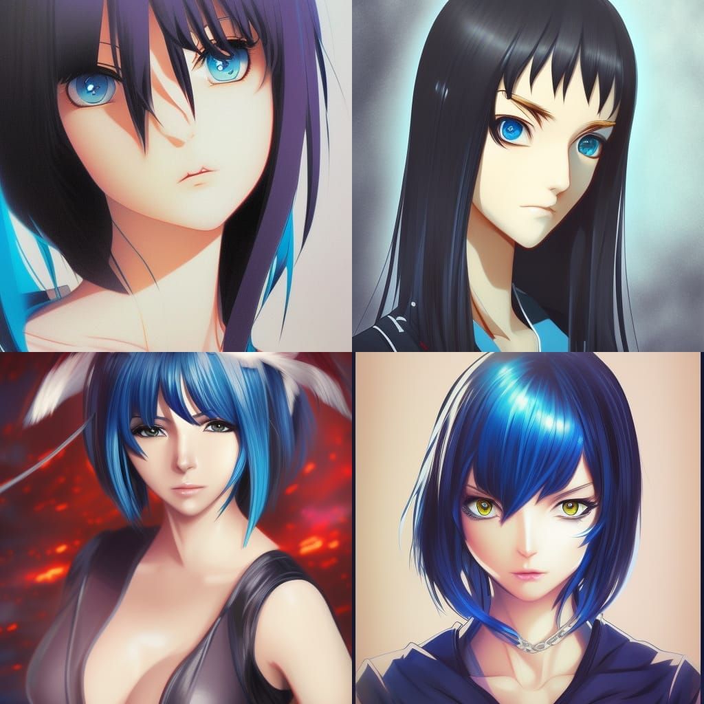 Attractive woman with black straight hair, blue eyes, anime ...