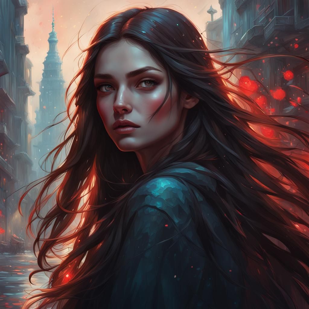 a teenage girl with long brown hair, very beautiful. Dark to...