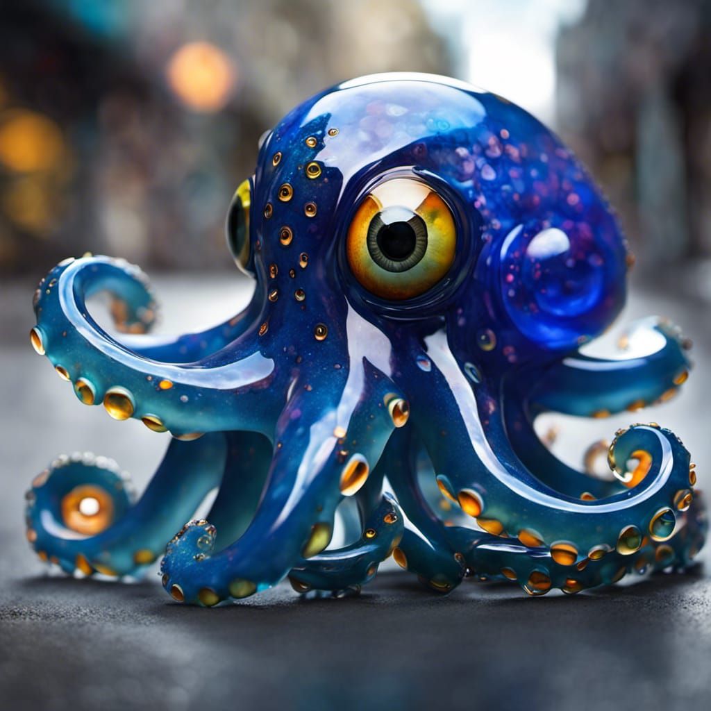 A multi-flecked blue glass octopus with big round eyes and t...
