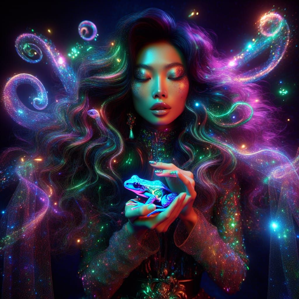 A cosmic woman with vibrant, curly long hair adorned in irid...