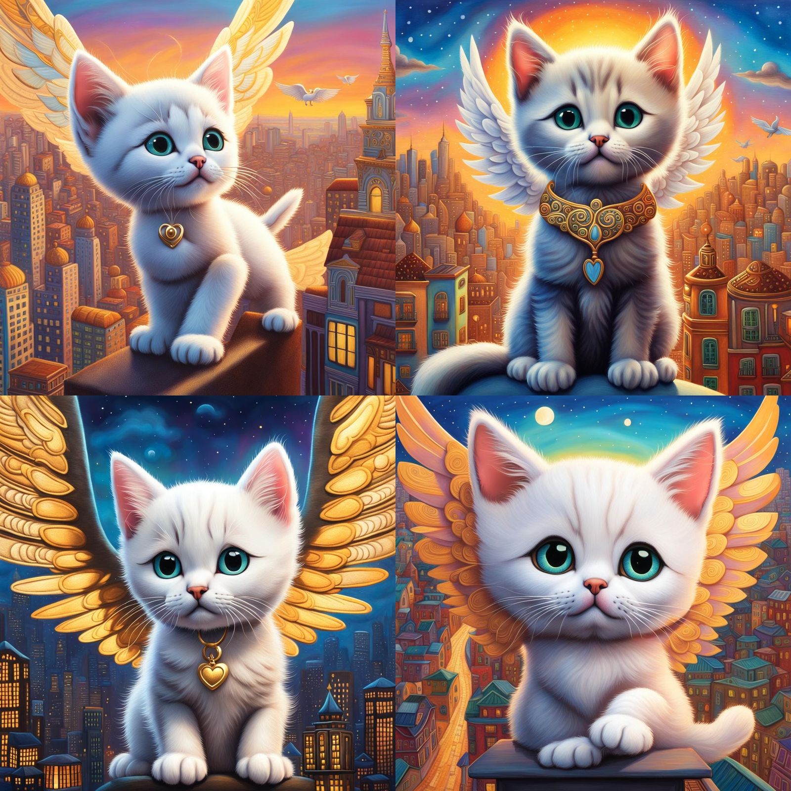 Folk Art Kitten Angel Watching over the City