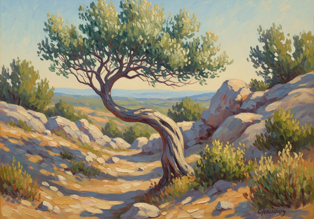 A impressionistic, curvy and windy tree landscape in the Provence, France in silvergreen and more thema ten  green colours in a rocky, warm ...