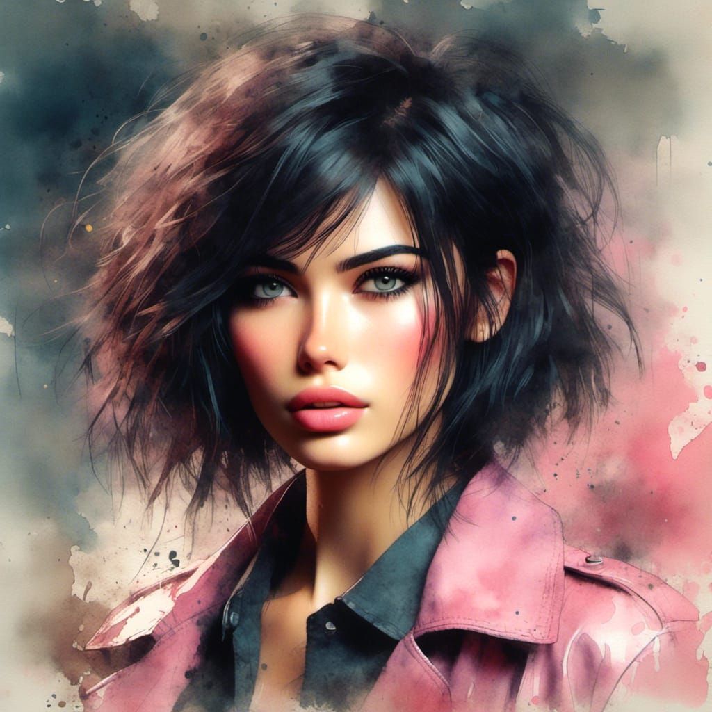 <lora:3D HD Portraits:1.0> stunning ex0tic woman with short wispy spiked black hair cut in a bob, gorgeous eyes and face wearing a *come hit...