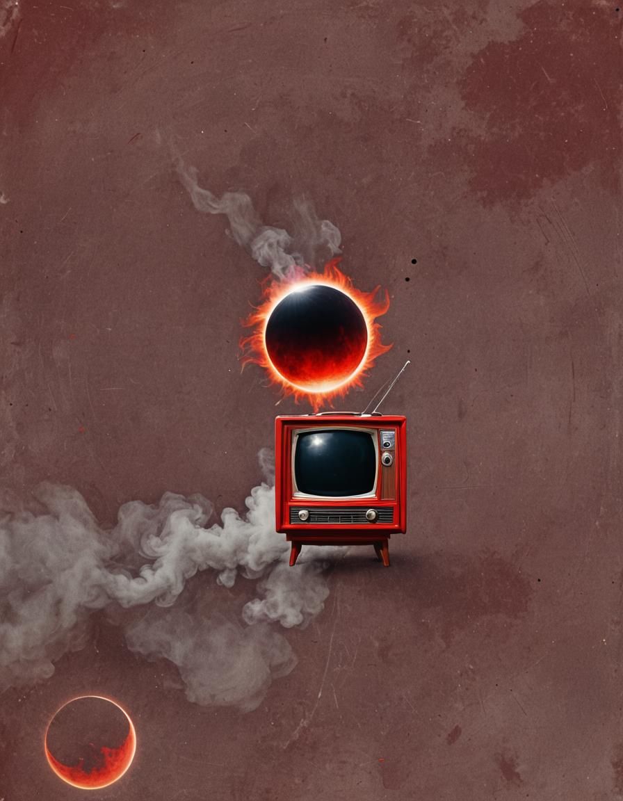 Vintage red television solar eclipse, smoke,  simple, abstra...