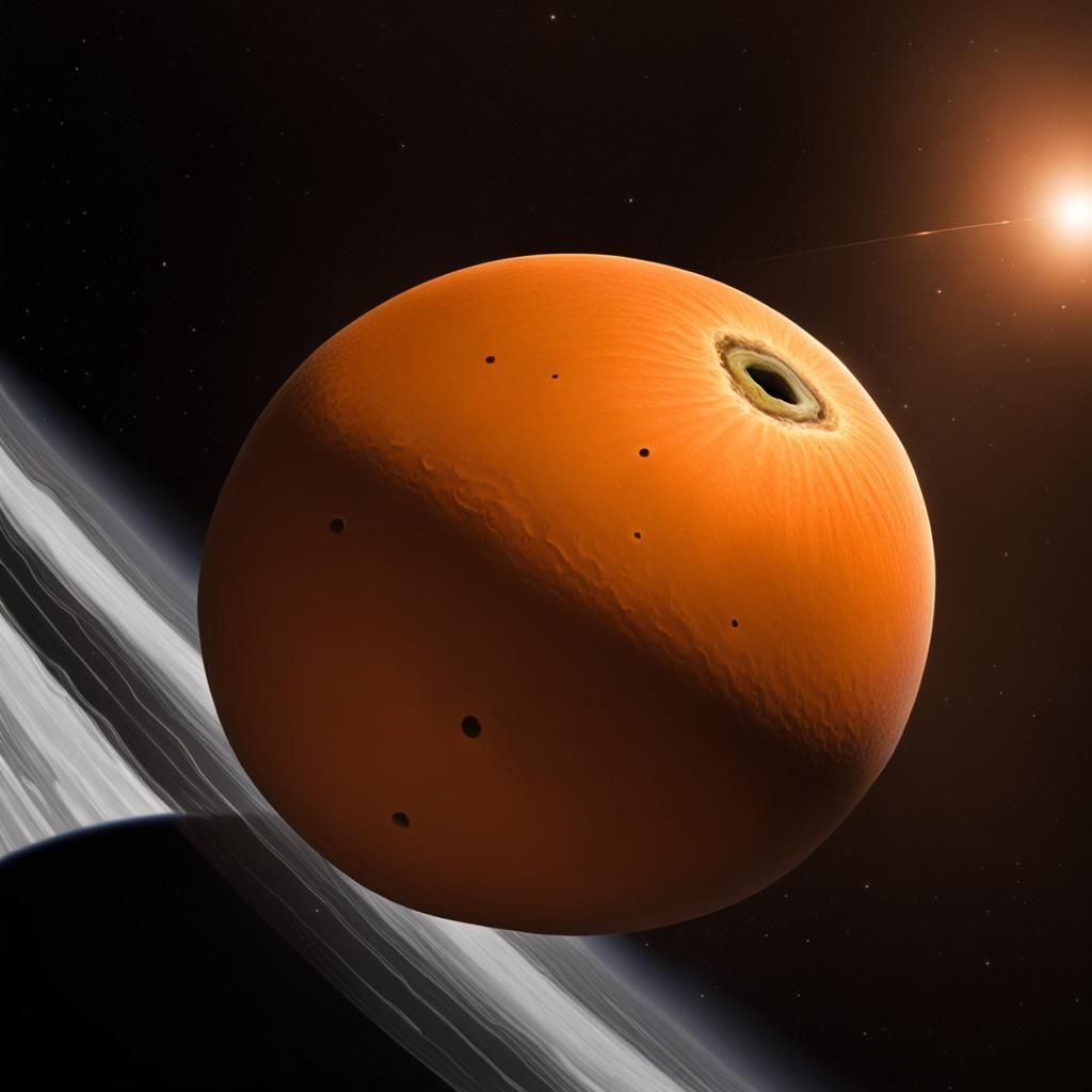 a large orange (fruit) in outer space, with rings around it ...