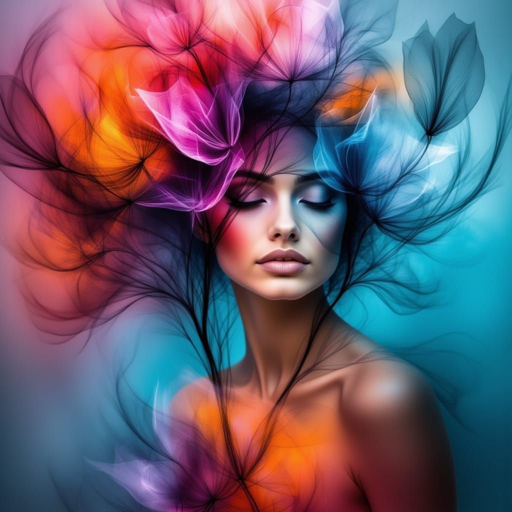abstract image of a woman : playful use of color evoking a dreamlike, poetic atmosphere, the lighting is bright and a vivid, there is a harm...