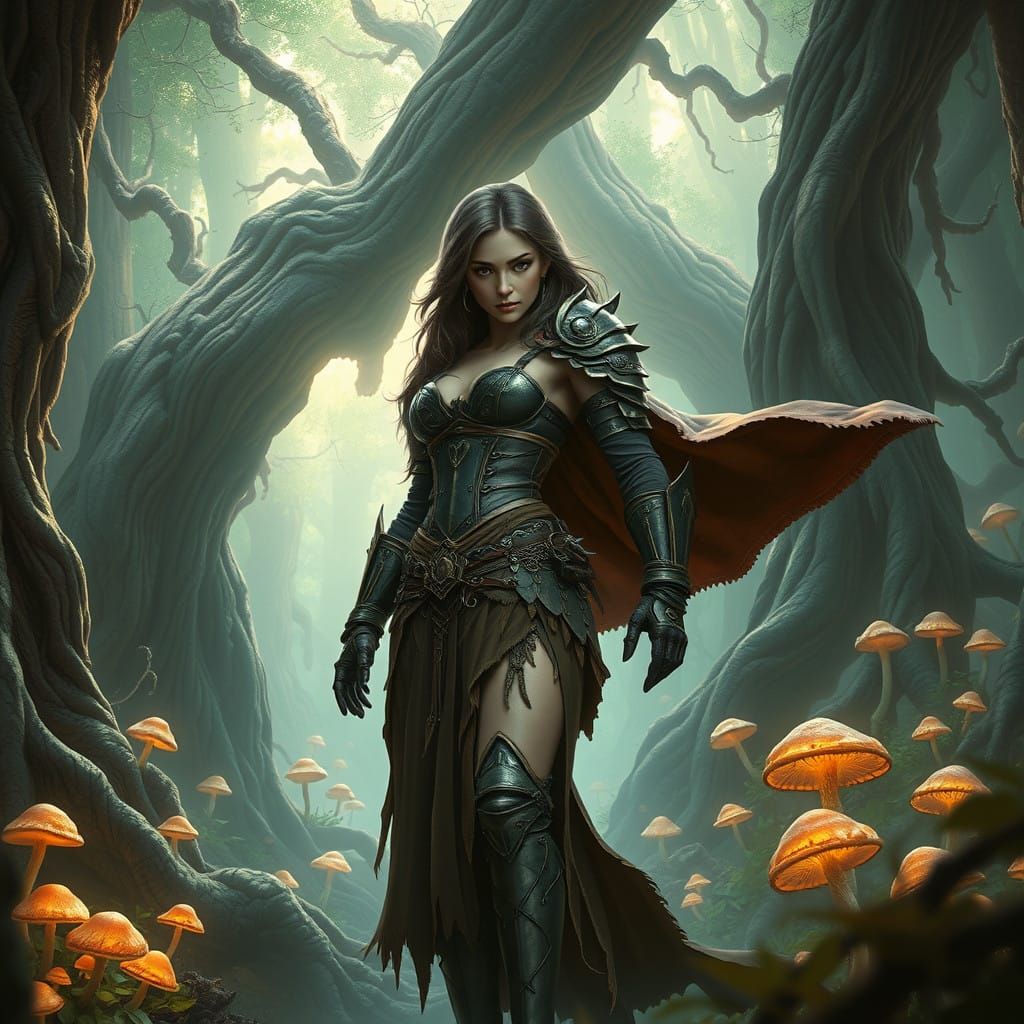 Heroic Female Warrior in Ancient Forest, Fantasy Concept Art
