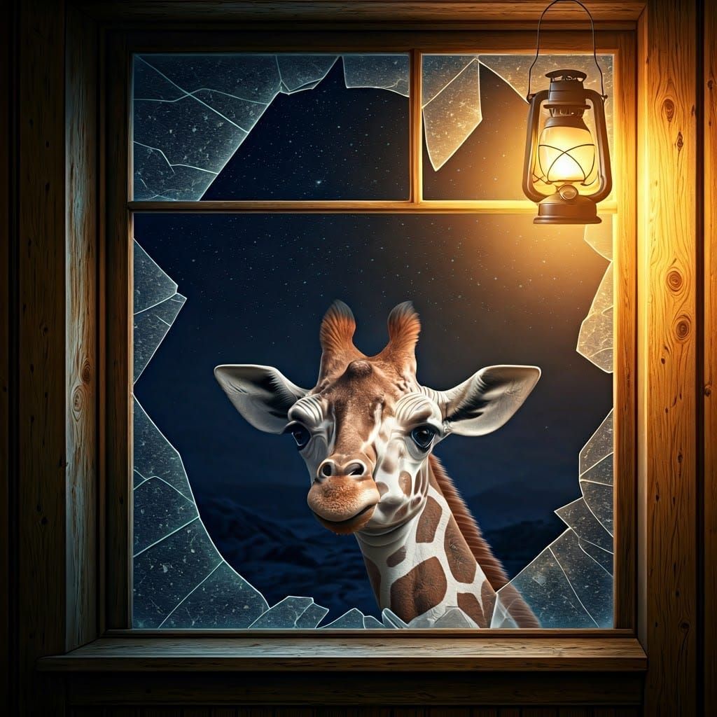 Gentle Giraffe Peeks Through Shattered Window in Abandoned T...