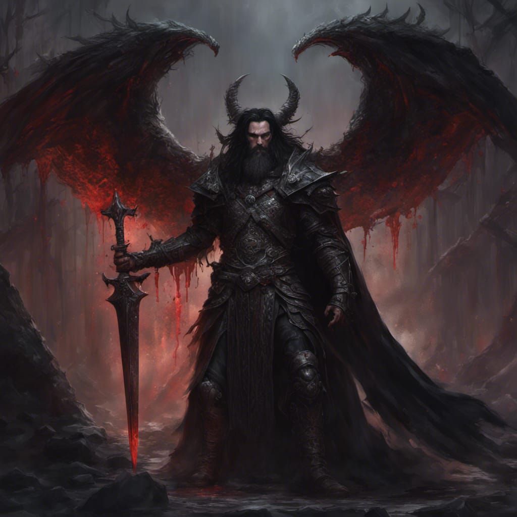 Vampire Lord with a scar, Long Black Hair and Black Beard, Horns, Wings ...